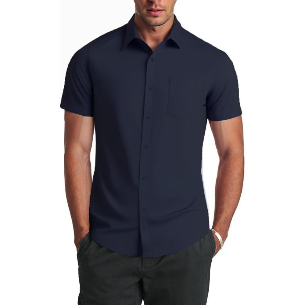 imageCOOFANDY Mens Casual Dress Shirts Short Sleeve Button Down Shirts Summer Untucked Dress Shirts with Pocket Dark Navy Large