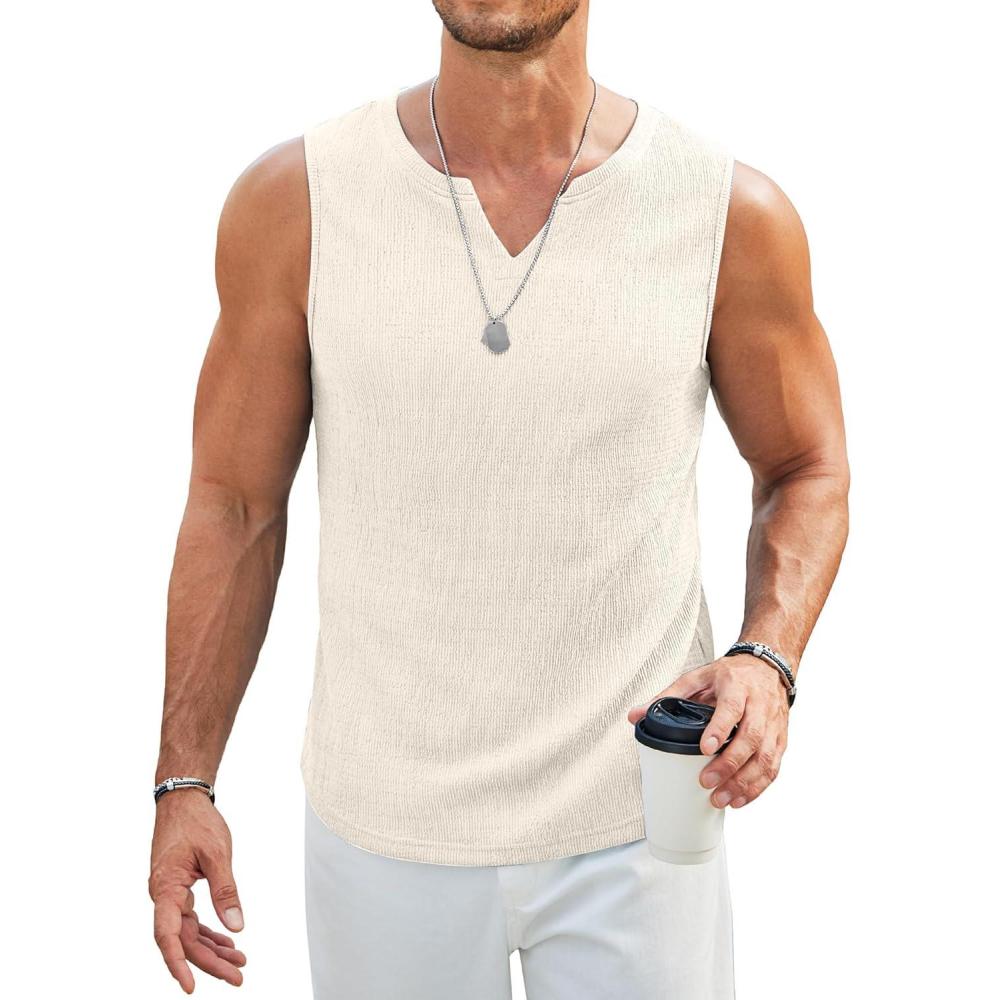 imageCOOFANDY Mens Casual Tank Tops Knit V Neck Sleeveless T Shirts 2 Pack Summer Beach Lightweight Muscle TeeBeige