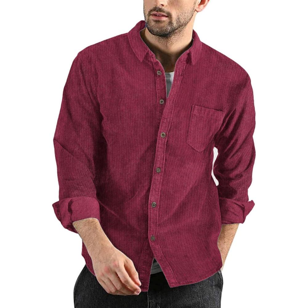 imageCOOFANDY Mens Corduroy Shirt Casual Shacket Long Sleeve Button Down Lightweight JacketWine Red