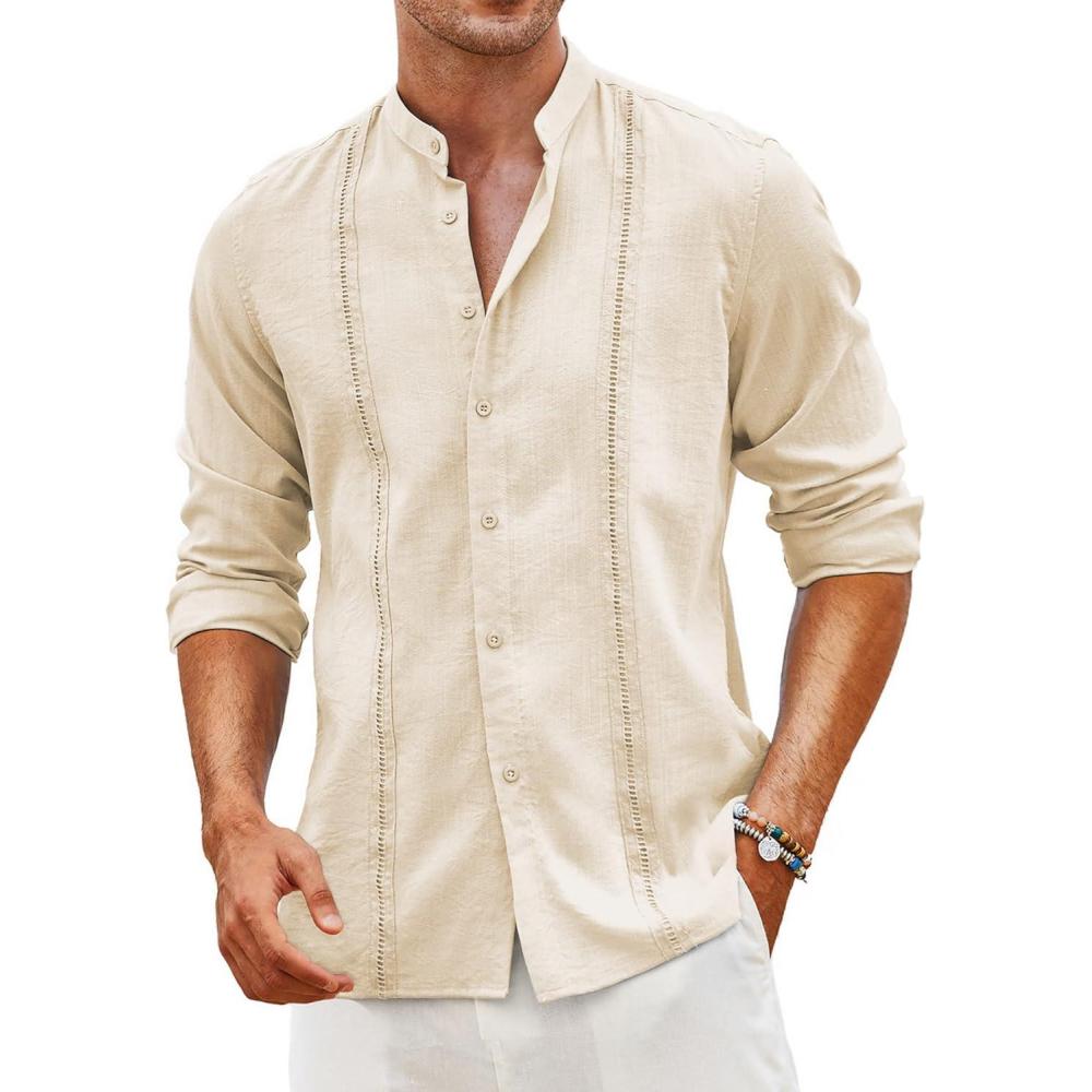 imageCOOFANDY Mens Cuban Guayabera Shirt Casual Long Sleeve Button Down Shirts Band Collar Linen Summer Beach ShirtBeige