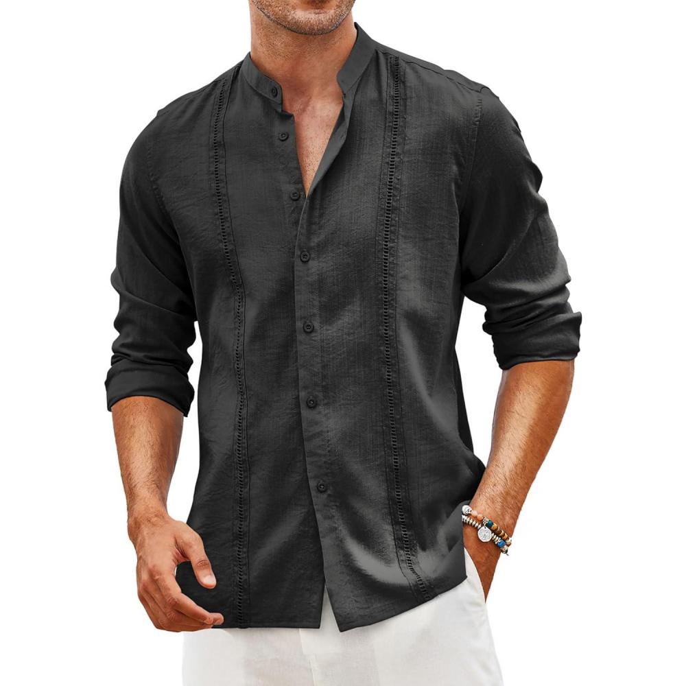 imageCOOFANDY Mens Cuban Guayabera Shirt Casual Long Sleeve Button Down Shirts Band Collar Linen Summer Beach ShirtBlack