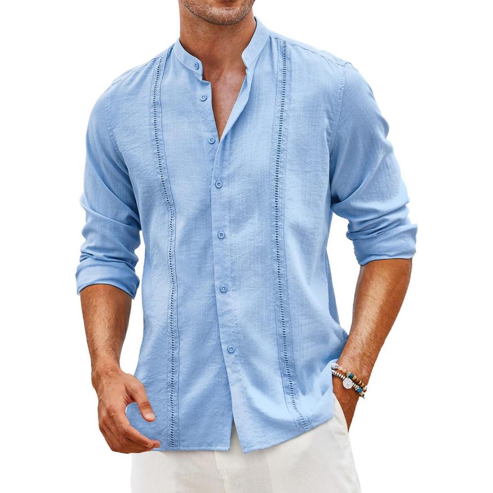 imageCOOFANDY Mens Cuban Guayabera Shirt Casual Long Sleeve Button Down Shirts Band Collar Linen Summer Beach ShirtLight Blue