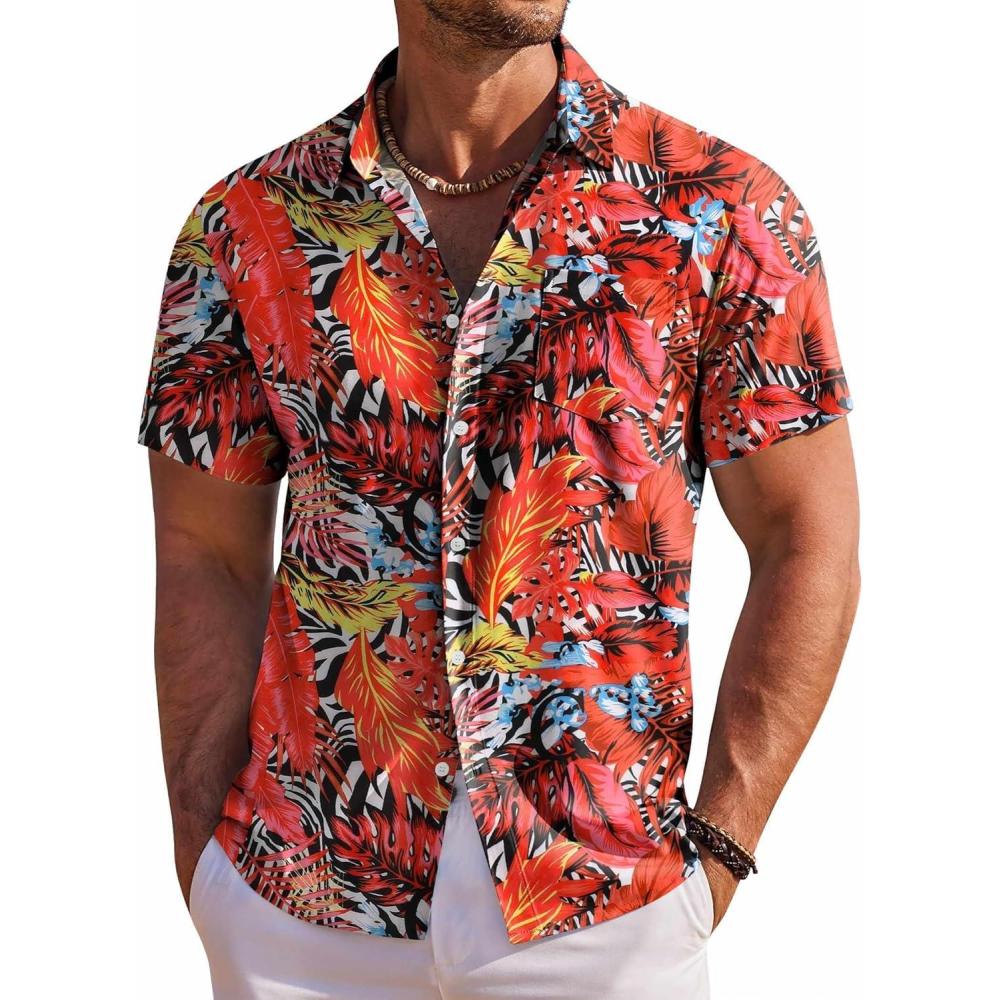 imageCOOFANDY Mens Hawaiian Shirt Short Sleeve Floral Button Down Shirts Tropical Holiday Beach ShirtsRed  Tropical Leaf 2