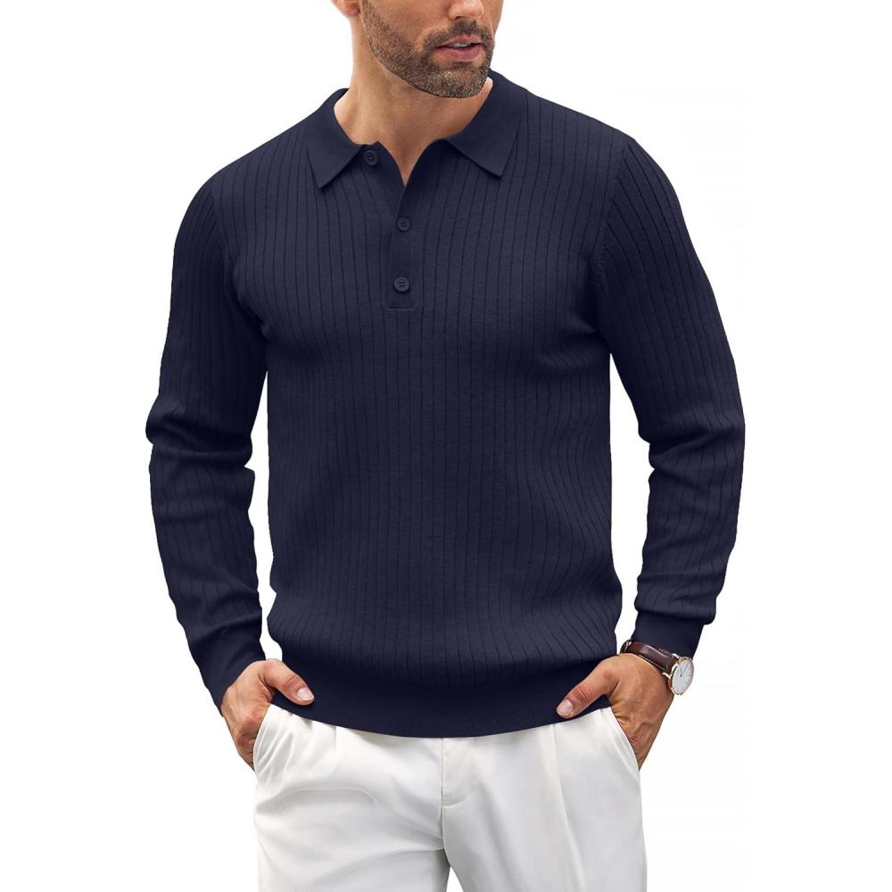 imageCOOFANDY Mens Knit Polo Shirts Casual Long Sleeve Classic Polo Shirts Button Down Golf ShirtsRibbed Navy Blue