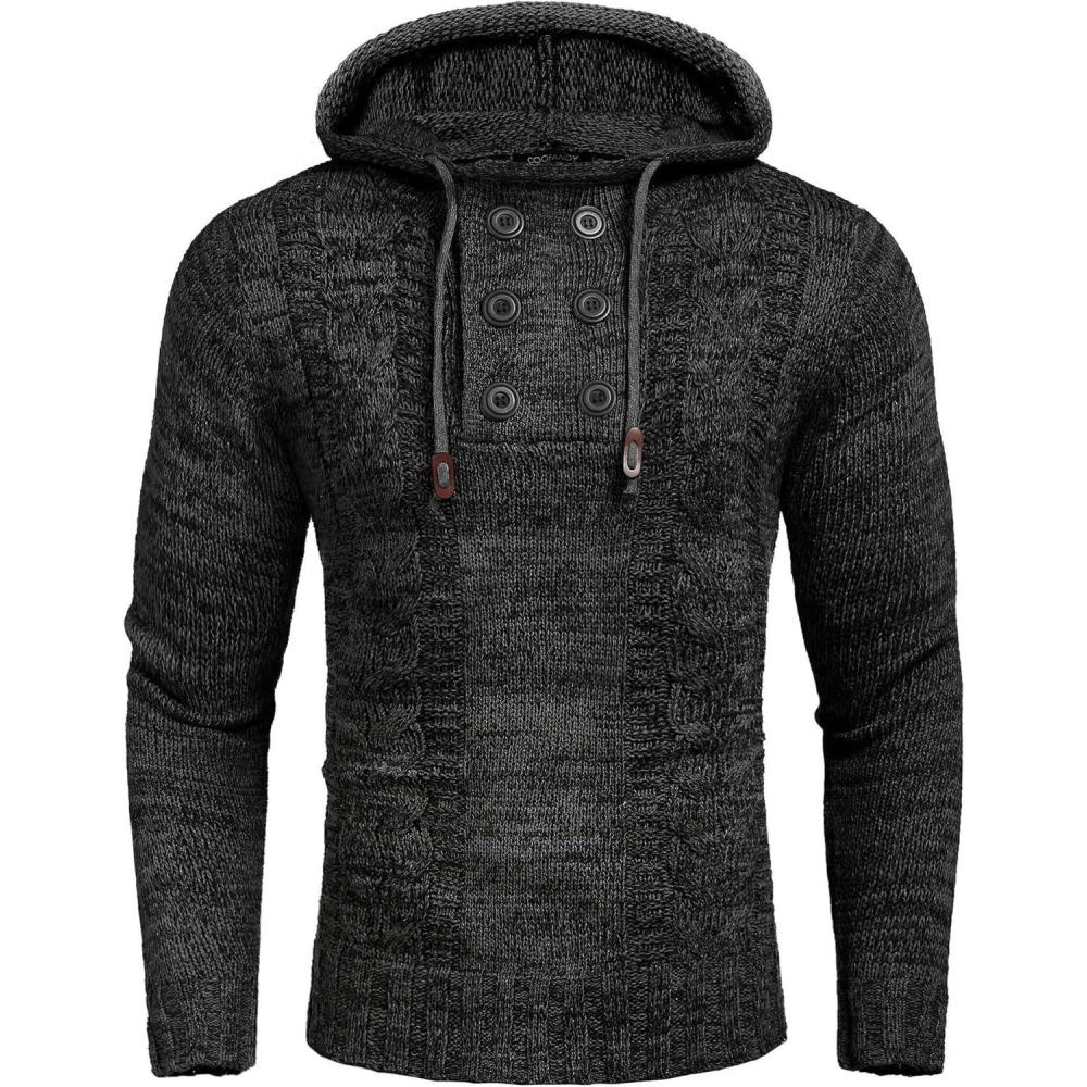 imageCOOFANDY Mens Knit Pullover Hoodies Casual Long Sleeve Turtleneck Sweaters Slim Fit Hooded SweatshirtsBlack