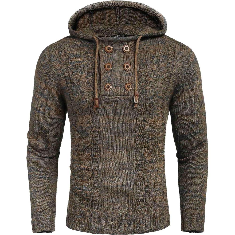 imageCOOFANDY Mens Knit Pullover Hoodies Casual Long Sleeve Turtleneck Sweaters Slim Fit Hooded SweatshirtsBrown