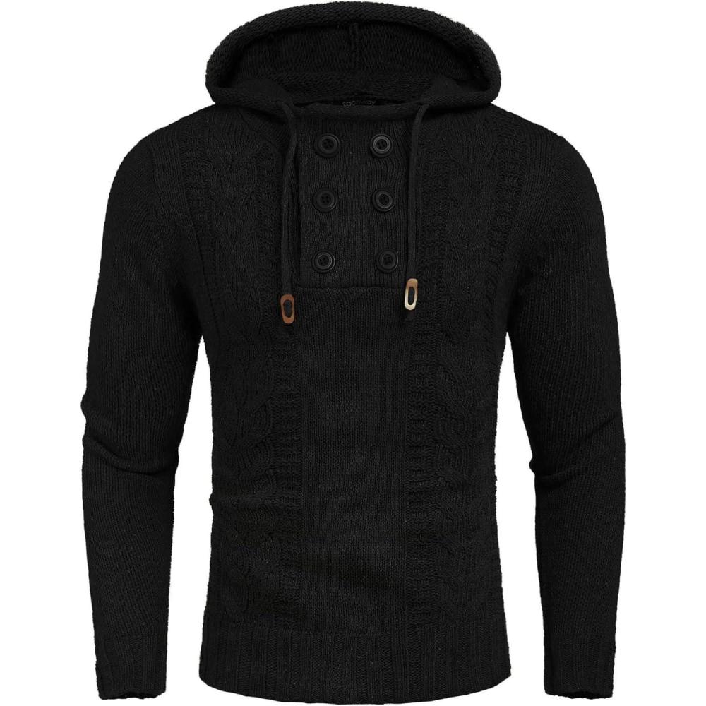 imageCOOFANDY Mens Knit Pullover Hoodies Casual Long Sleeve Turtleneck Sweaters Slim Fit Hooded SweatshirtsPure Black