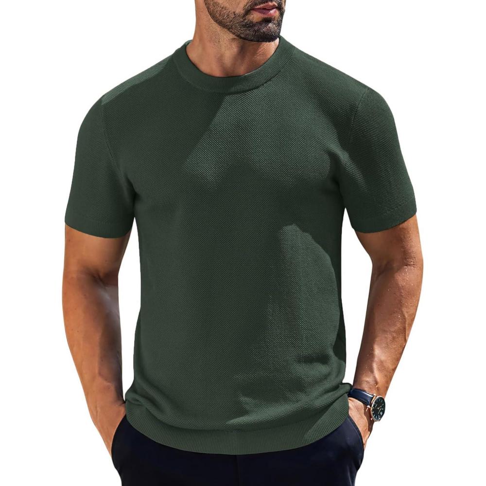 imageCOOFANDY Mens Knit TShirts Short Sleeve Crewneck Shirt Casual Textured Pullover TeesGreen