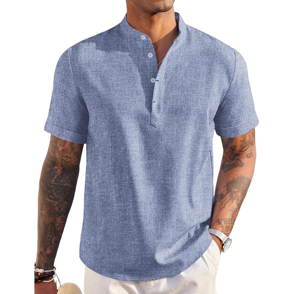 imageCOOFANDY Mens Linen Henley Shirt Short Sleeve Casual Summer Beach Hippie T ShirtsGrey Blue