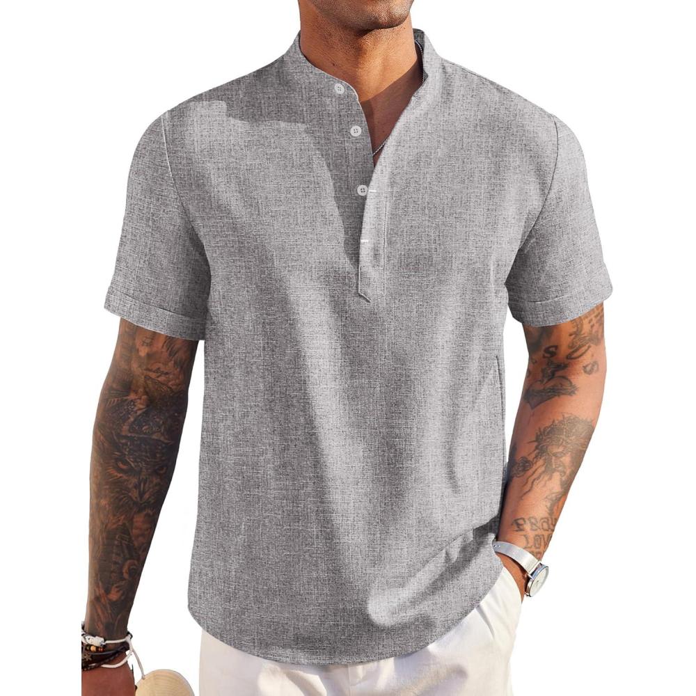 imageCOOFANDY Mens Linen Henley Shirt Short Sleeve Casual Summer Beach Hippie T ShirtsLight Grey