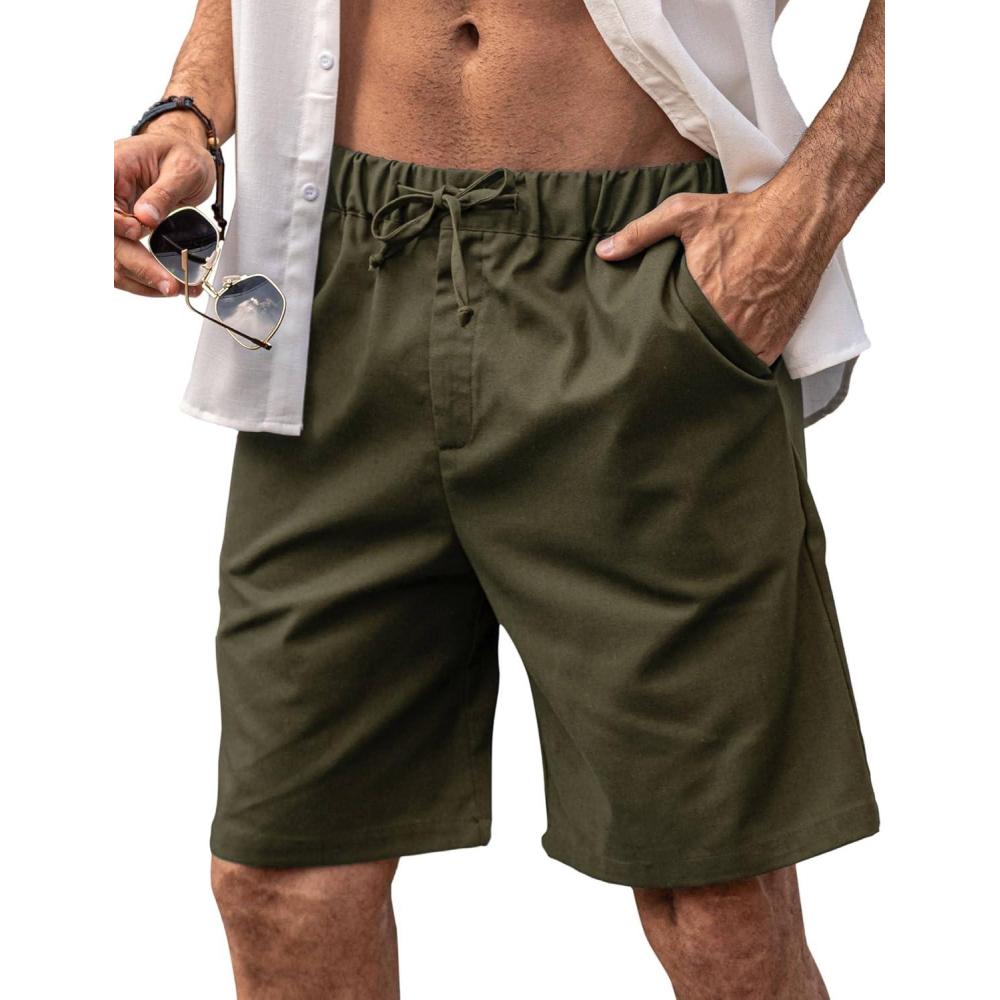 imageCOOFANDY Mens Linen Shorts Casual Elastic Waist Drawstring Short Summer Beach Vacation ShortsArmy Green