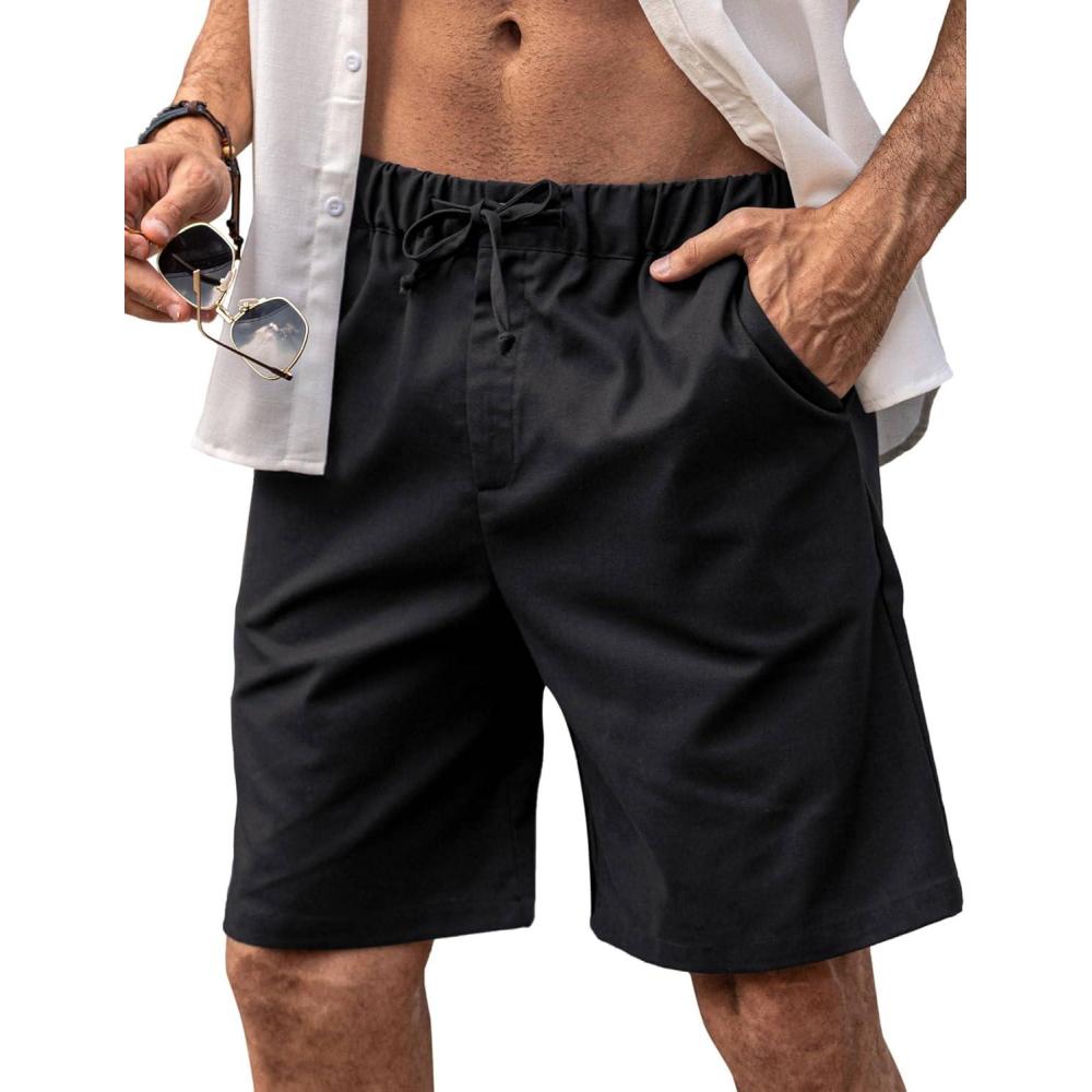 imageCOOFANDY Mens Linen Shorts Casual Elastic Waist Drawstring Short Summer Beach Vacation ShortsBlack