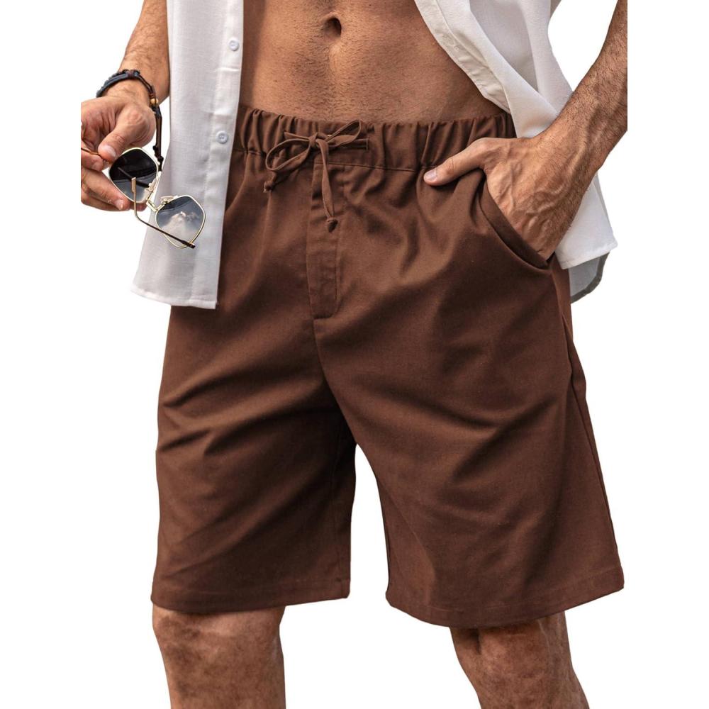 imageCOOFANDY Mens Linen Shorts Casual Elastic Waist Drawstring Short Summer Beach Vacation ShortsBrown