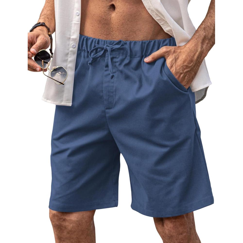 imageCOOFANDY Mens Linen Shorts Casual Elastic Waist Drawstring Short Summer Beach Vacation ShortsDenim Blue