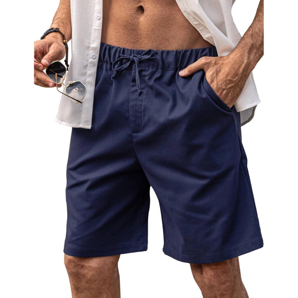 imageCOOFANDY Mens Linen Shorts Casual Elastic Waist Drawstring Short Summer Beach Vacation ShortsNavy Blue