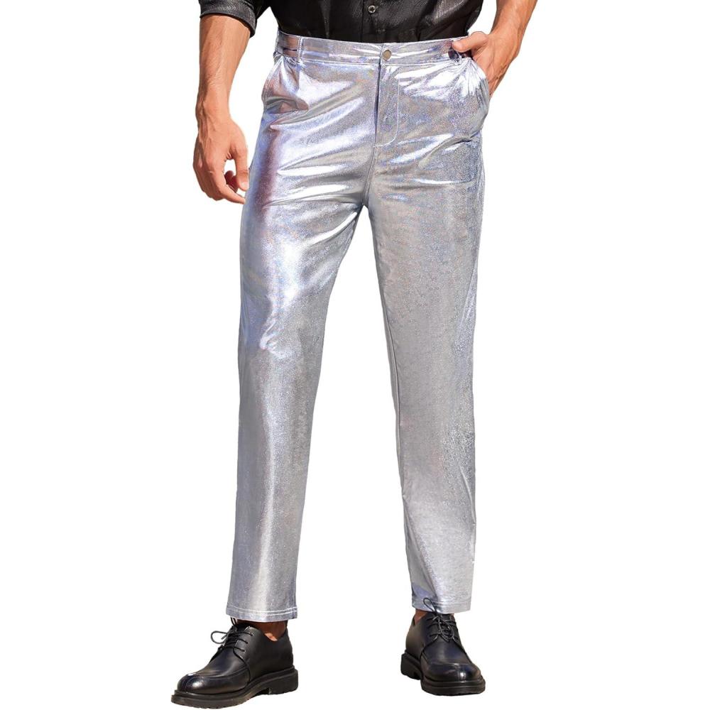imageCOOFANDY Mens Metallic Shiny Pants Night Club Pants 70s 80s 90s Disco Pant Party Dance Straight Leg Trousers01luxurious Silver