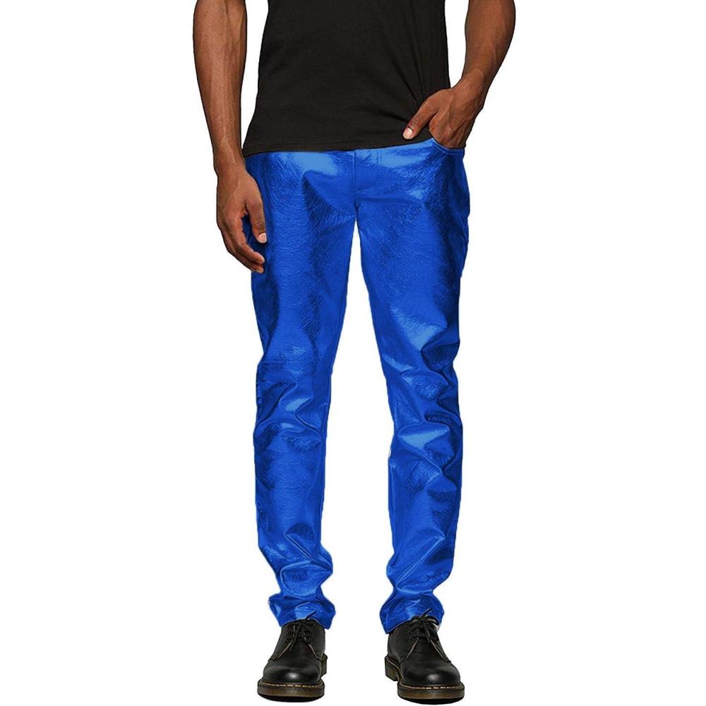 imageCOOFANDY Mens Metallic Shiny Pants Night Club Pants 70s 80s 90s Disco Pant Party Dance Straight Leg TrousersBlue