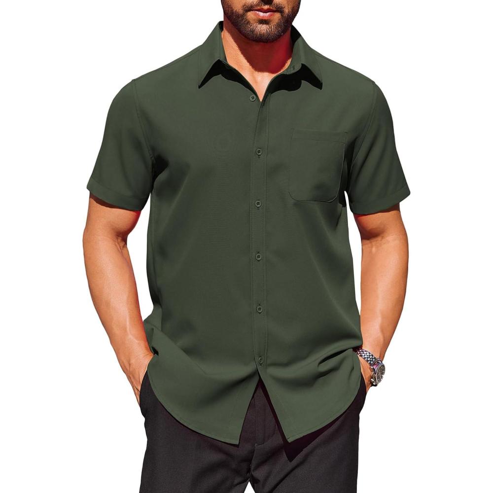 imageCOOFANDY Mens Short Sleeve Button Down Shirts Wrinkle Free Dress Shirts Casual Polka Dot Print Shirt with PocketDark Army Green