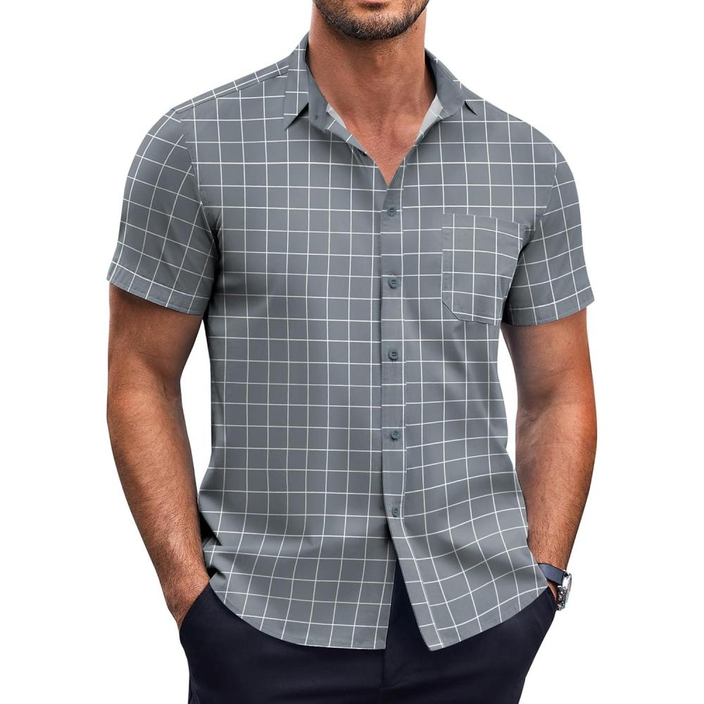 imageCOOFANDY Mens Short Sleeve Button Down Shirts Wrinkle Free Dress Shirts Casual Polka Dot Print Shirt with PocketGrey Plaid