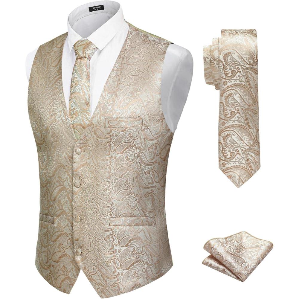 imageCOOFANDY Mens Suit Vest Tie Set 3PC Paisley Jacquard Waistcoat and Necktie Pocket Square for Holiday Party WeddingChampagne
