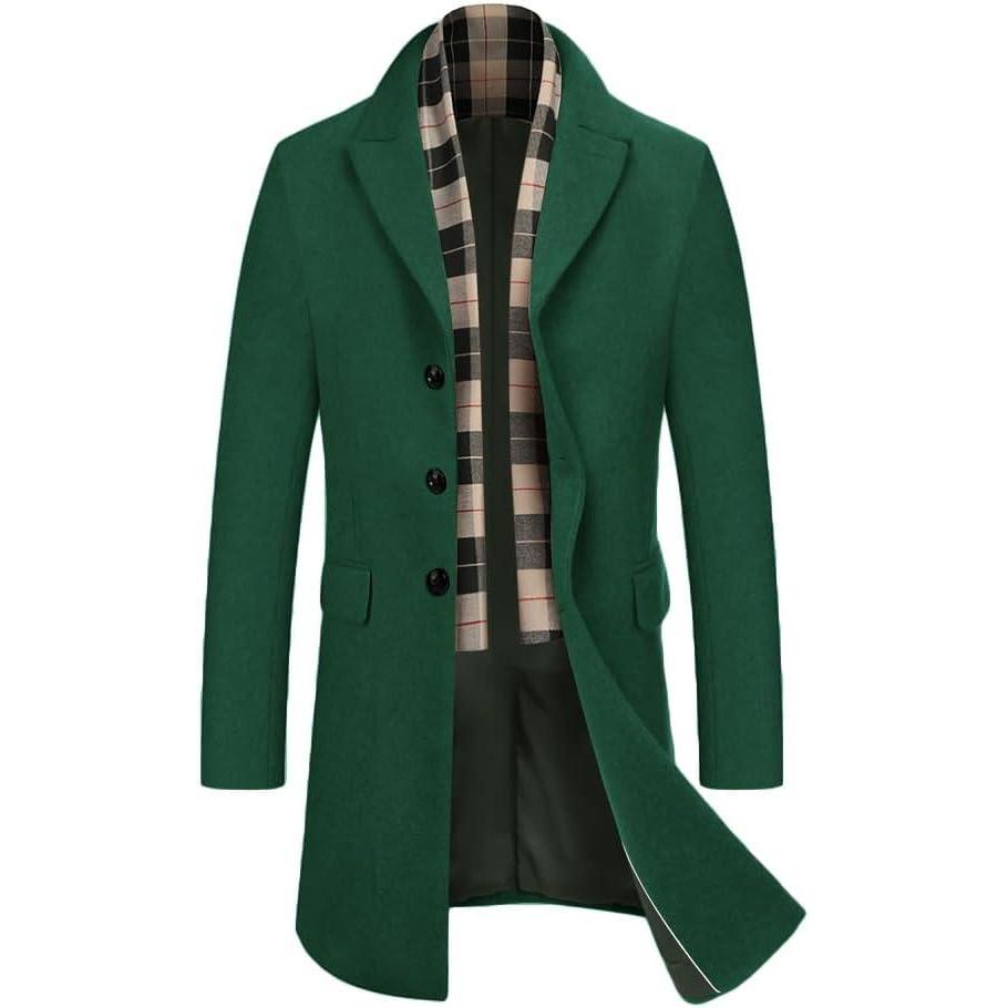 imageCOOFANDY Mens Wool Blend Coat with Detachable Plaid Scarfs Notched Collar Single Breasted Pea Coat Trench OvercoatGreen