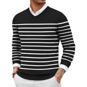 COOFANDY Men Casual V Neck Sweater Ribbed Knit Slim Fit Long Sleeve Pullover Top(Black-white)