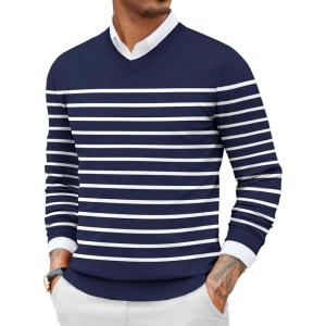 COOFANDY Men Casual V Neck Sweater Ribbed Knit Slim Fit Long Sleeve Pullover Top(Navy-white)