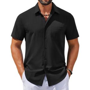 COOFANDY Men’s Button Down Shirts Casual Short Sleeve Linen Shirt Summer Beach Shirt with Pocket(Black)