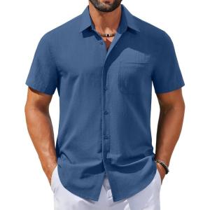 COOFANDY Men’s Button Down Shirts Casual Short Sleeve Linen Shirt Summer Beach Shirt with Pocket(Denim Blue)