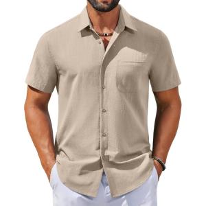 COOFANDY Men’s Button Down Shirts Casual Short Sleeve Linen Shirt Summer Beach Shirt with Pocket(Khaki)