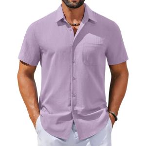 COOFANDY Men’s Button Down Shirts Casual Short Sleeve Linen Shirt Summer Beach Shirt with Pocket(Light Purple)