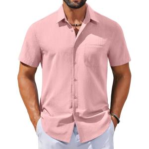 COOFANDY Men’s Button Down Shirts Casual Short Sleeve Linen Shirt Summer Beach Shirt with Pocket(Pink)