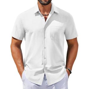 COOFANDY Men’s Button Down Shirts Casual Short Sleeve Linen Shirt Summer Beach Shirt with Pocket(White)
