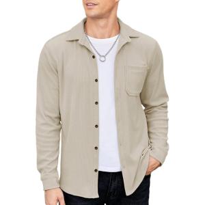 COOFANDY Men’s Corduroy Shirt Casual Shacket Long Sleeve Button Down Lightweight Jacket(Moon Grey)