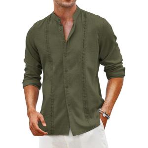 COOFANDY Men’s Cuban Guayabera Shirt Casual Long Sleeve Button Down Shirts Band Collar Linen Summer Beach Shirt(Army Green)