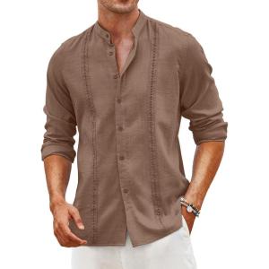COOFANDY Men’s Cuban Guayabera Shirt Casual Long Sleeve Button Down Shirts Band Collar Linen Summer Beach Shirt(Brown)