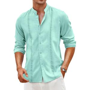 COOFANDY Men’s Cuban Guayabera Shirt Casual Long Sleeve Button Down Shirts Band Collar Linen Summer Beach Shirt(Light Green)