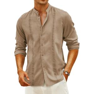 COOFANDY Men’s Cuban Guayabera Shirt Casual Long Sleeve Button Down Shirts Band Collar Linen Summer Beach Shirt(Light Tan)