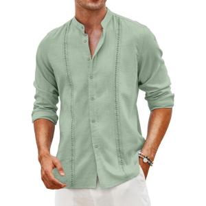 COOFANDY Men’s Cuban Guayabera Shirt Casual Long Sleeve Button Down Shirts Band Collar Linen Summer Beach Shirt(Mint Green)