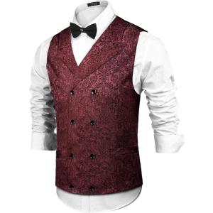 COOFANDY Mens Halloween Victorian Vest Steampunk Double Breasted Suit Vest Slim Fit Brocade Paisley Floral Waistcoat(Wine Red)