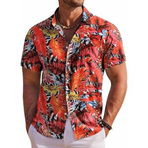 COOFANDY Men’s Hawaiian Shirt Short Sleeve Floral Button Down Shirts Tropical Holiday Beach Shirts(Red – Tropical Leaf 2)