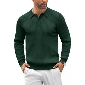 COOFANDY Mens Knit Polo Shirts Casual Long Sleeve Classic Polo Shirts Button Down Golf Shirts(Ribbed Green)