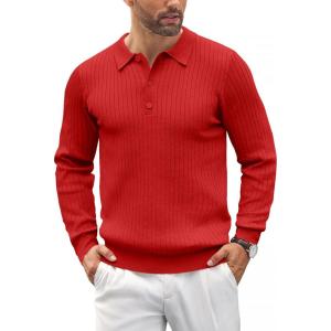 COOFANDY Mens Knit Polo Shirts Casual Long Sleeve Classic Polo Shirts Button Down Golf Shirts(Ribbed Red)