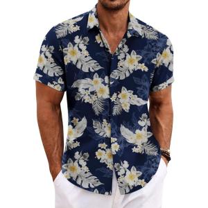COOFANDY Men’s Linen Shirts Short Sleeve Casual Shirts Button Down Shirt for Men Beach Summer Wedding Shirt(Navy Floral)