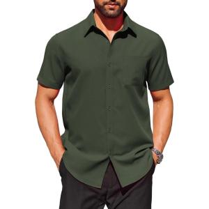 COOFANDY Mens Short Sleeve Button Down Shirts Wrinkle Free Dress Shirts Casual Polka Dot Print Shirt with Pocket(Dark Army Green)