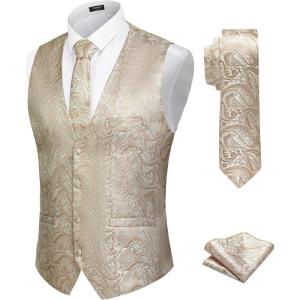 COOFANDY Men’s Suit Vest Tie Set 3PC Paisley Jacquard Waistcoat and Necktie Pocket Square for Holiday Party Wedding(Champagne)