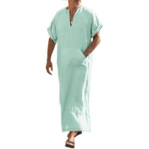 COOFANDY Men’s V-Neck Linen Robe Short Sleeve Kaftan Thobe Long Gown Casual Shirt for Beach, Summer(Mint Green)