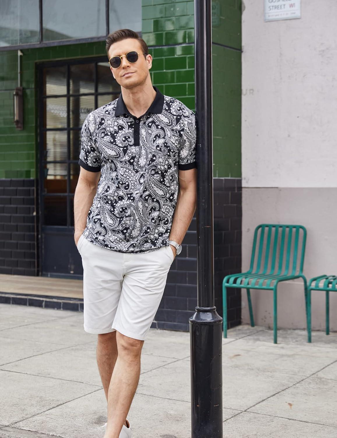 imageCOOFANDY Mens Casual Short Sleeve Polo Shirts Slim Fit Paisley Polo T Shirts Floral Print Shirt