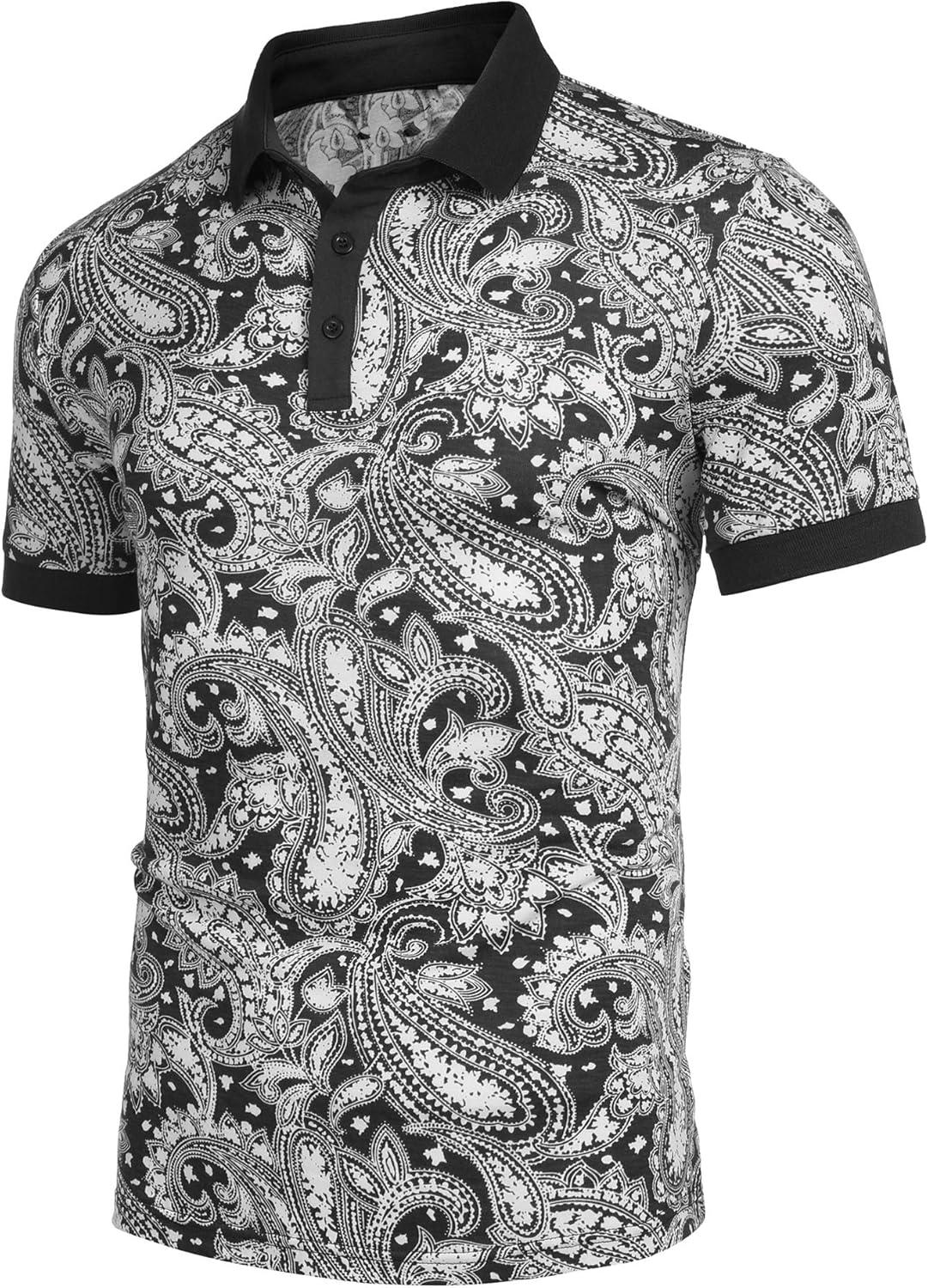 imageCOOFANDY Mens Casual Short Sleeve Polo Shirts Slim Fit Paisley Polo T Shirts Floral Print Shirt