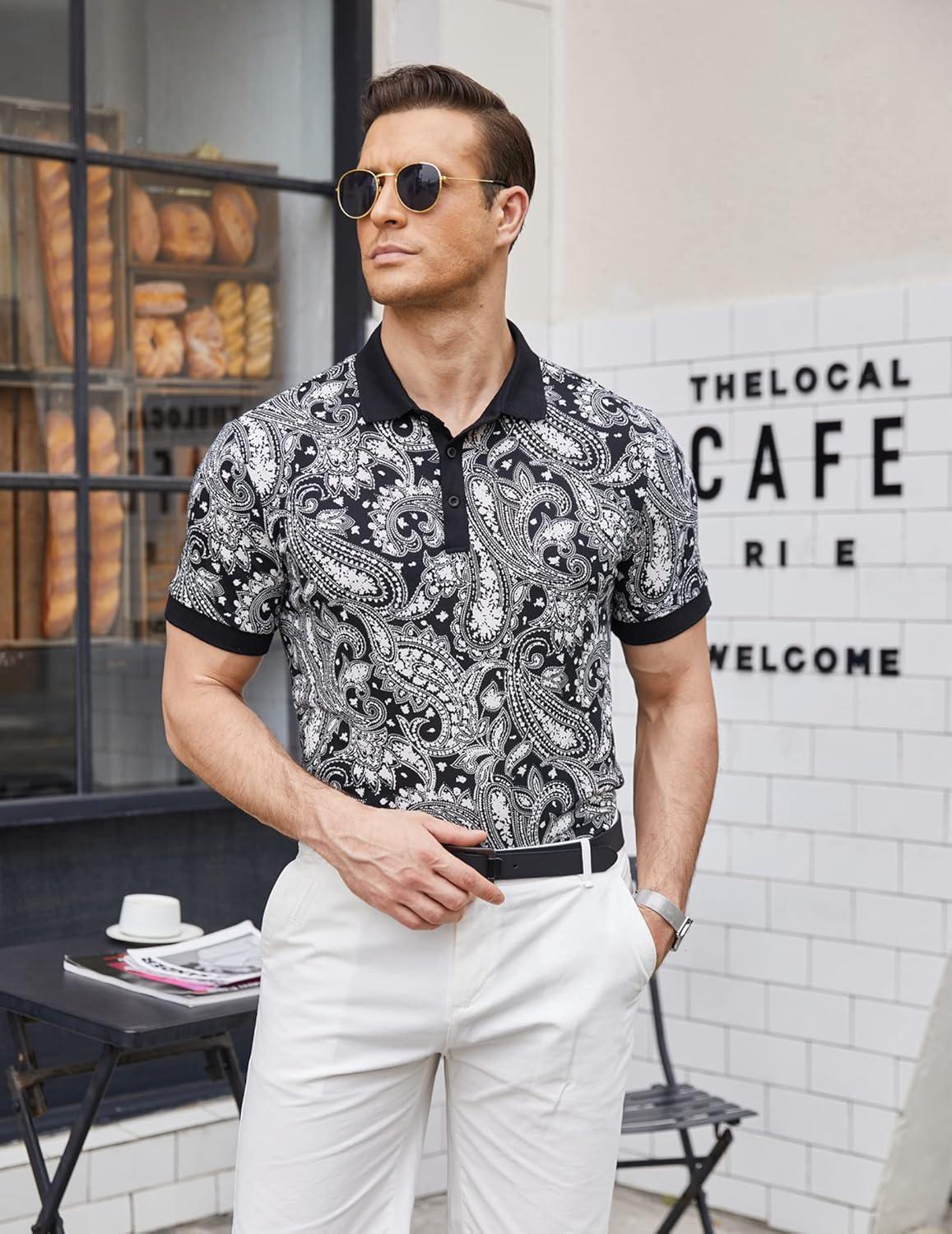 imageCOOFANDY Mens Casual Short Sleeve Polo Shirts Slim Fit Paisley Polo T Shirts Floral Print Shirt